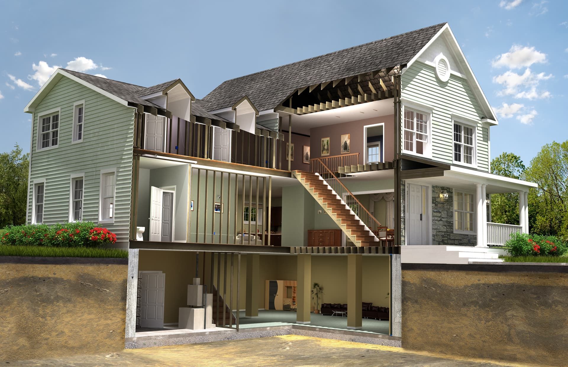 A house is cut in half showing the inside