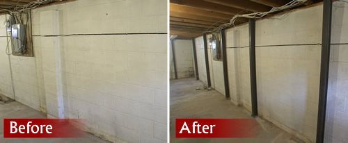 A before and after photo of a basement.