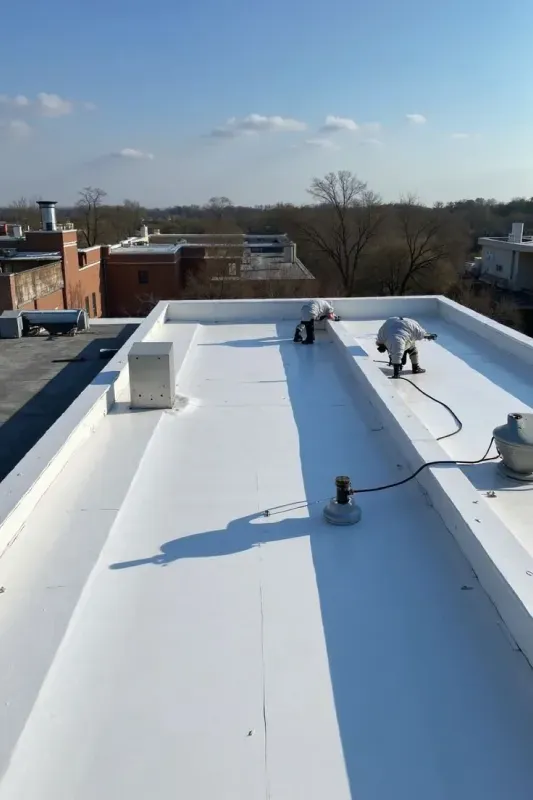 Flat white rooftop with HVAC units and a blue shadow under a clear sky, seen above nearby buildings