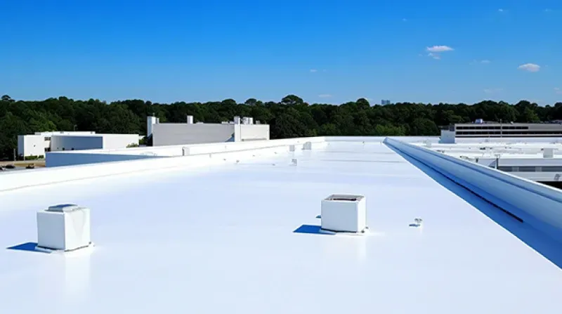 White commercial flat rooftop with vents under a clear blue sky