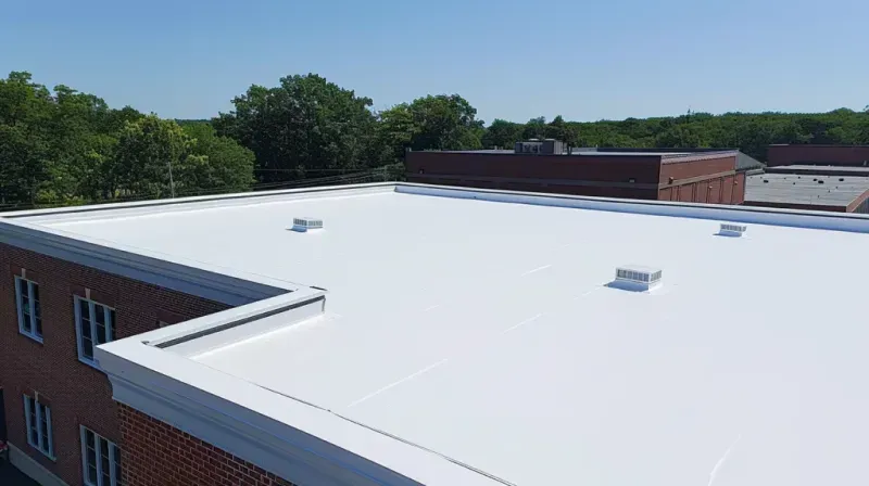 White flat rooftop on a brick building with trees and blue sky in the background