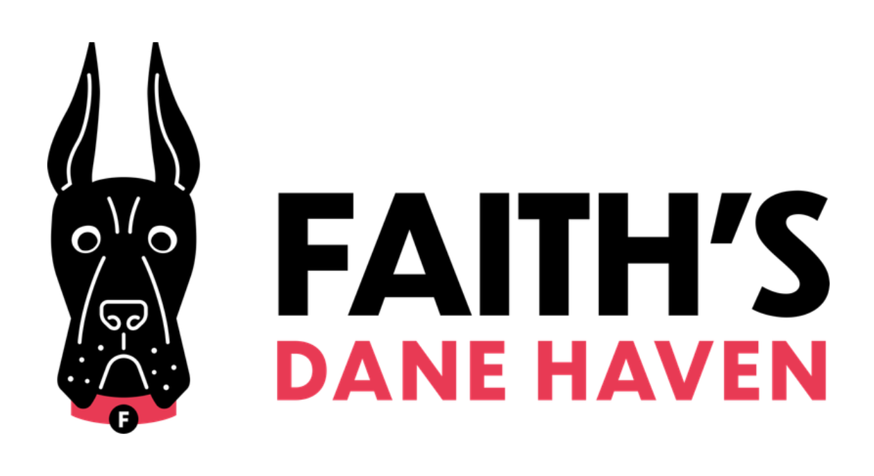Faith’s Dane Haven horizontal logo with a black cropped‑ear Great Dane, red accents, and a centered “F”.