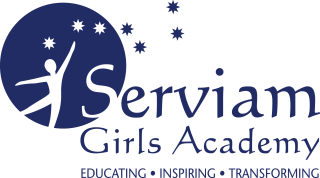 Serviam Girls Academy logo: silhouette of girl reaching for stars, navy blue circle, text.