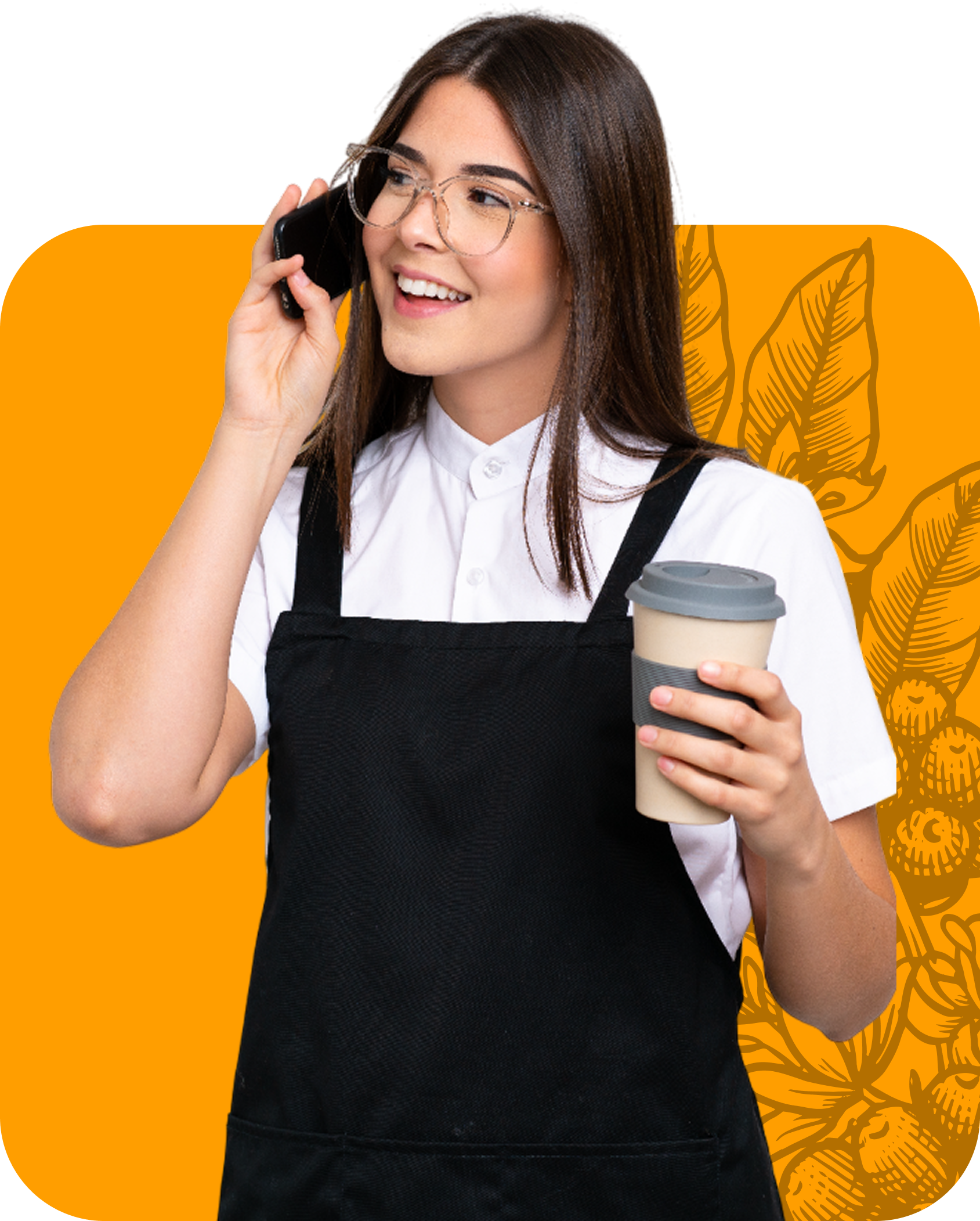 Woman in apron on phone, holding coffee.