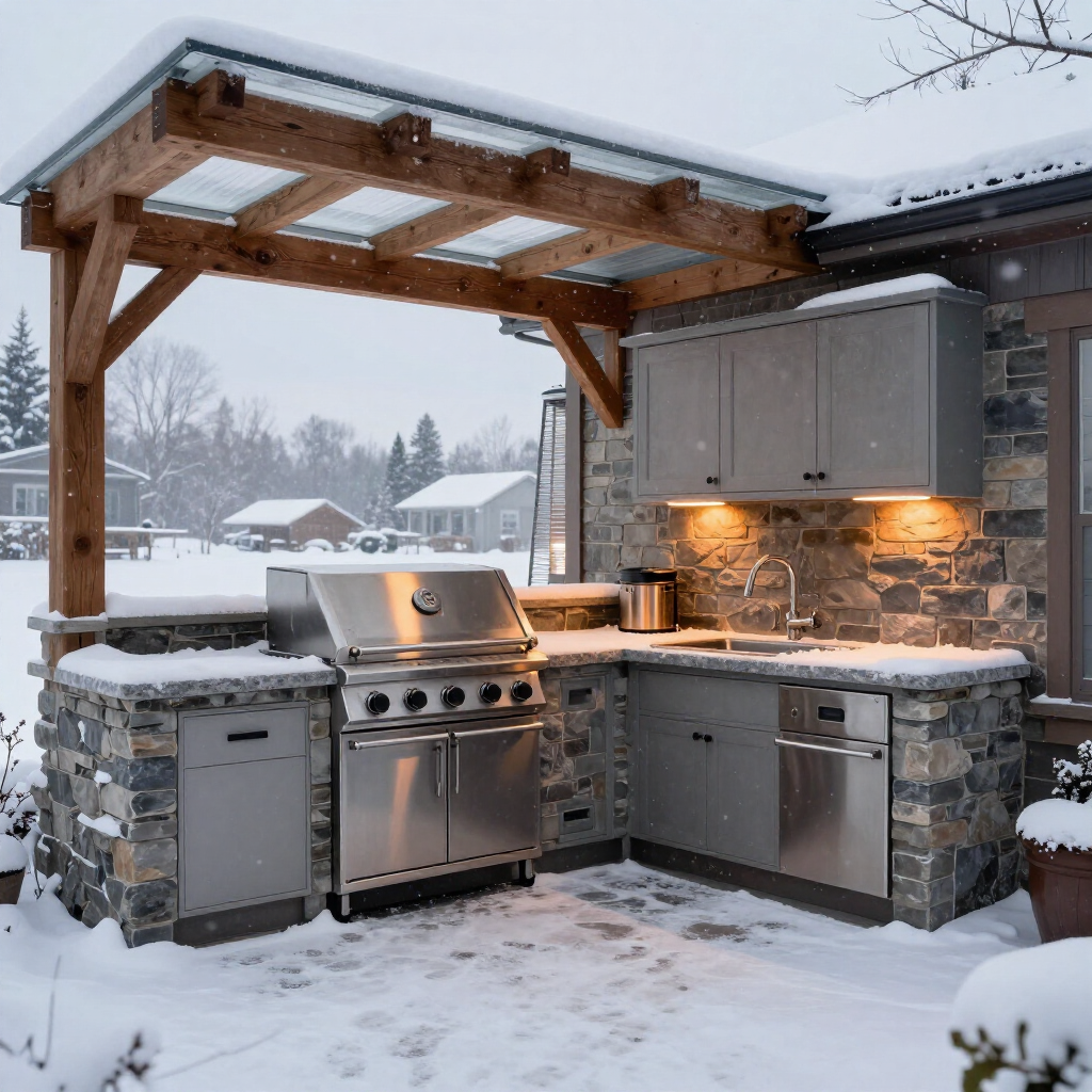 Snowy outdoor kitchen with stainless grill, stone counters, and wood pergola at dusk