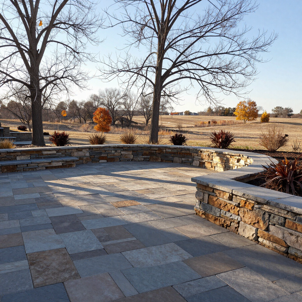 Stone patio with curved low walls overlooking a grassy field and leafless trees at sunset