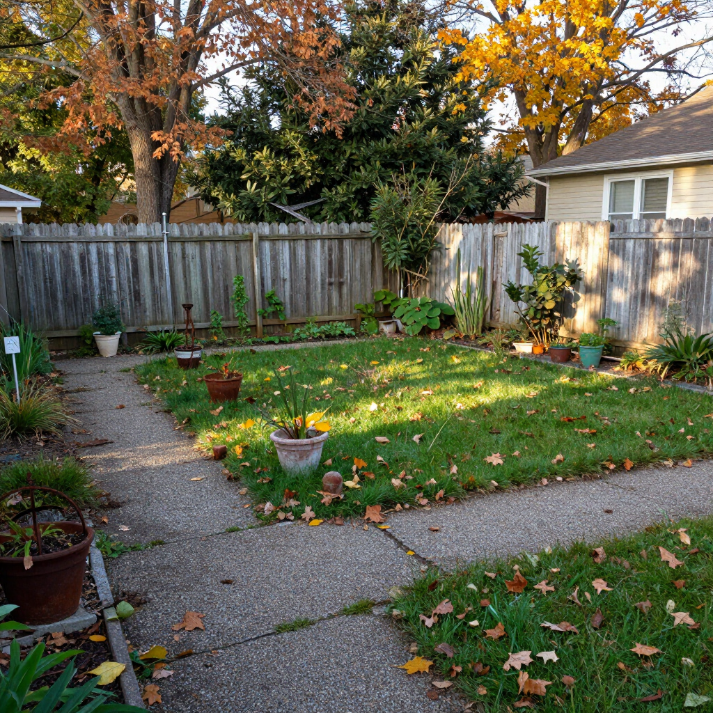 Small fenced backyard with a gravel path, green lawn, potted plants, and autumn trees.