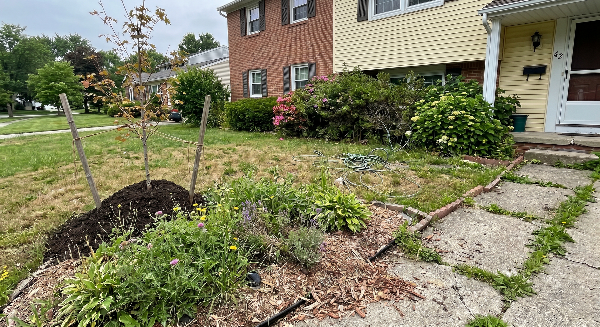 Front yard garden beds beside a brick townhouse, with shrubs, mulch, and concrete stepping stones leading to the door