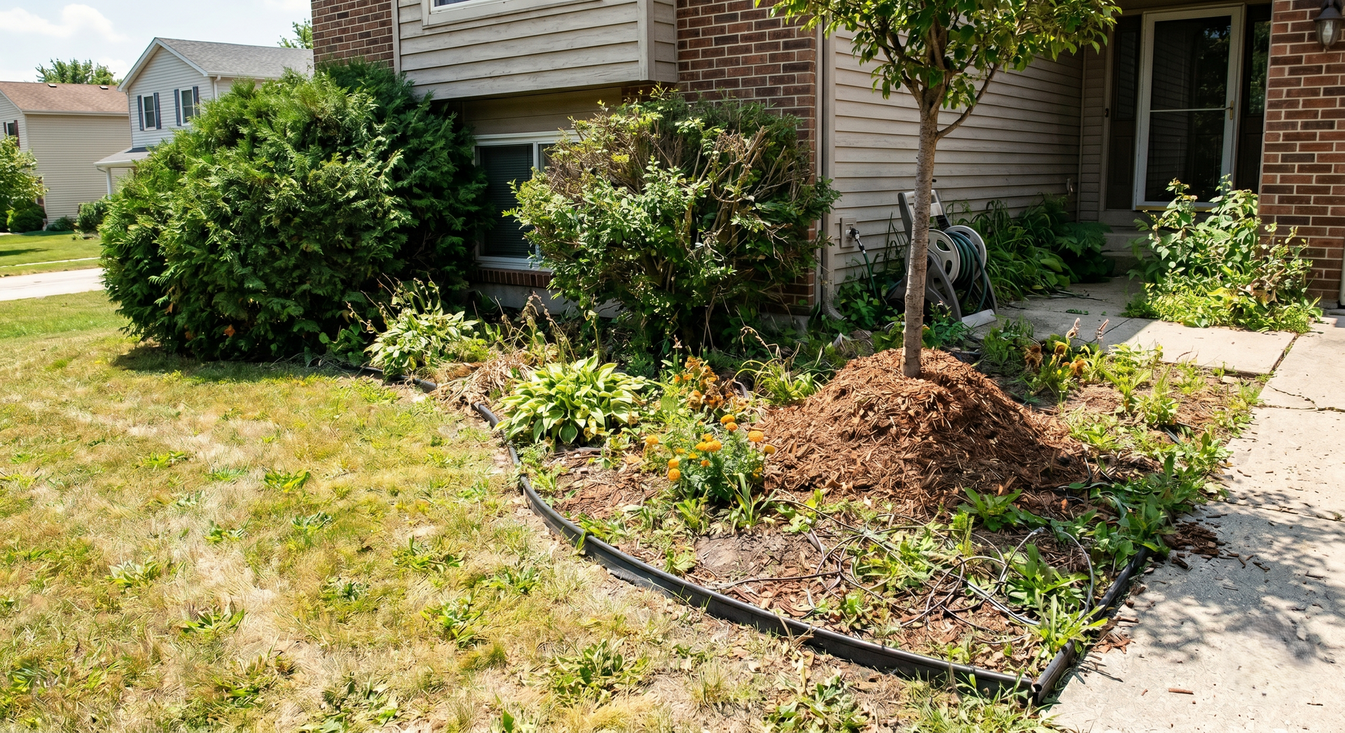 Front yard landscaping with shrubs, mulch beds, and a sidewalk beside a house
