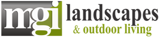 Logo for MGI Landscapes & Outdoor Living, white text on dark gray and green background.