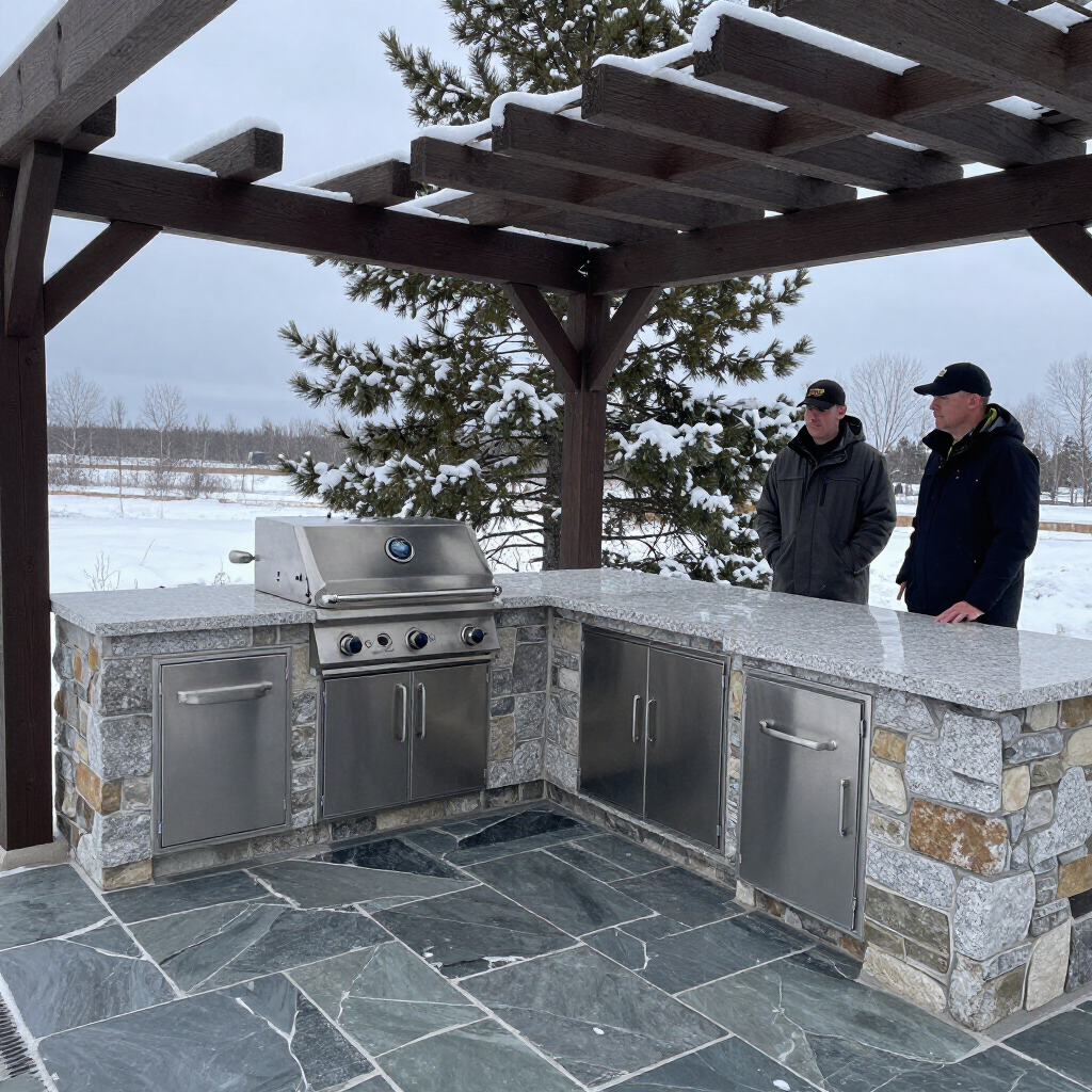 Outdoor stone patio kitchen with grill under a pergola, two people standing nearby in winter snow.