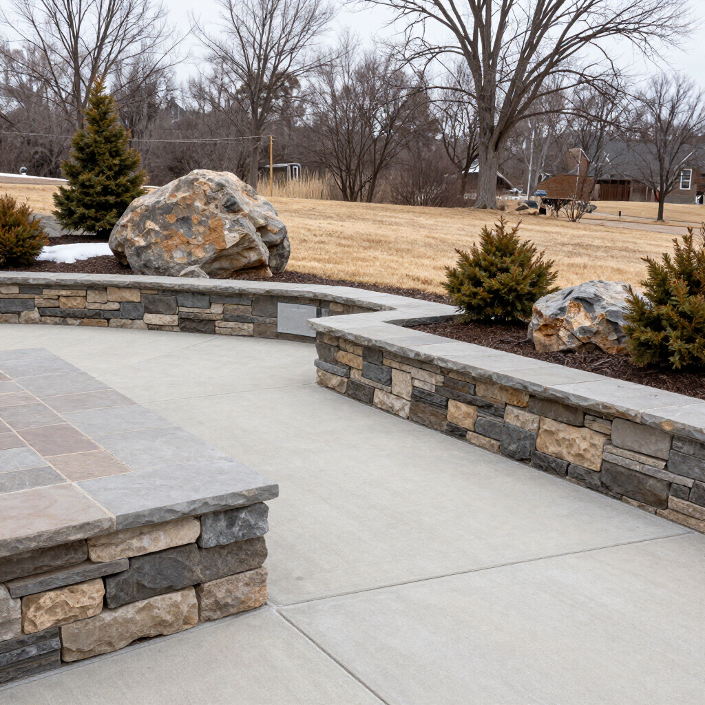 Curved stone benches around a concrete patio in a landscaped park with bare trees and rocks.