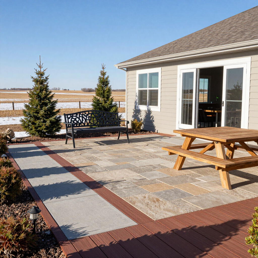 Patio with bench, picnic table, potted evergreens, and sliding doors beside a beige house on a sunny day