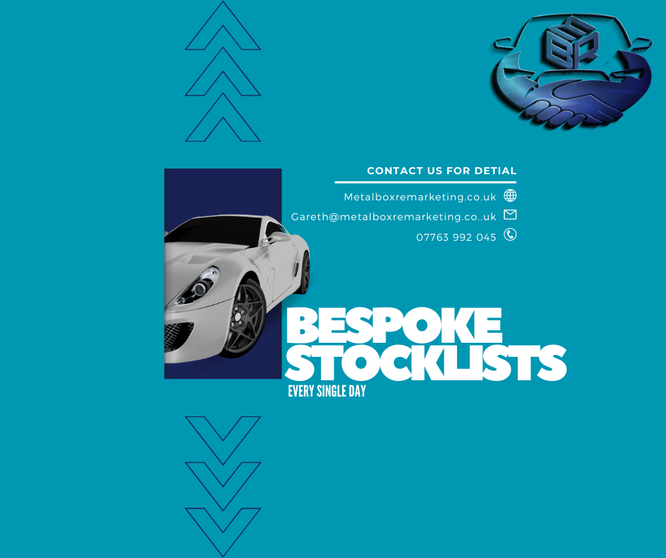 A blue background with a white car and the words `` bespoke stockists ''
