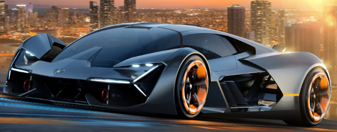 A futuristic sports car is driving down a city street.