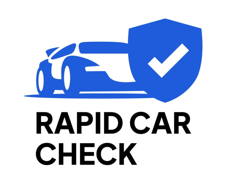 A logo for a rapid car check with a car and a check mark.