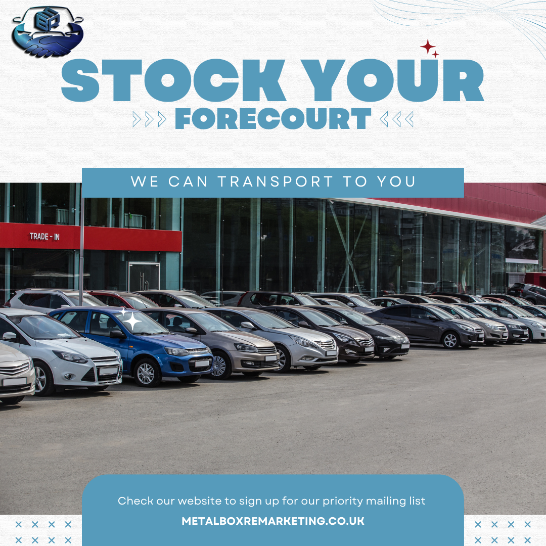 A row of cars are parked in front of a building that says stock your forecourt