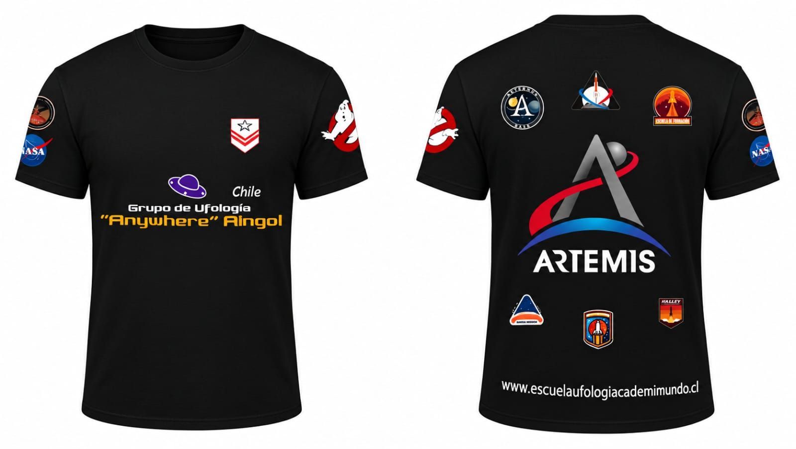 Maqueta de camiseta negra, por delante y por detrás, con varios logotipos coloridos y «ARTEMIS» en la espalda.