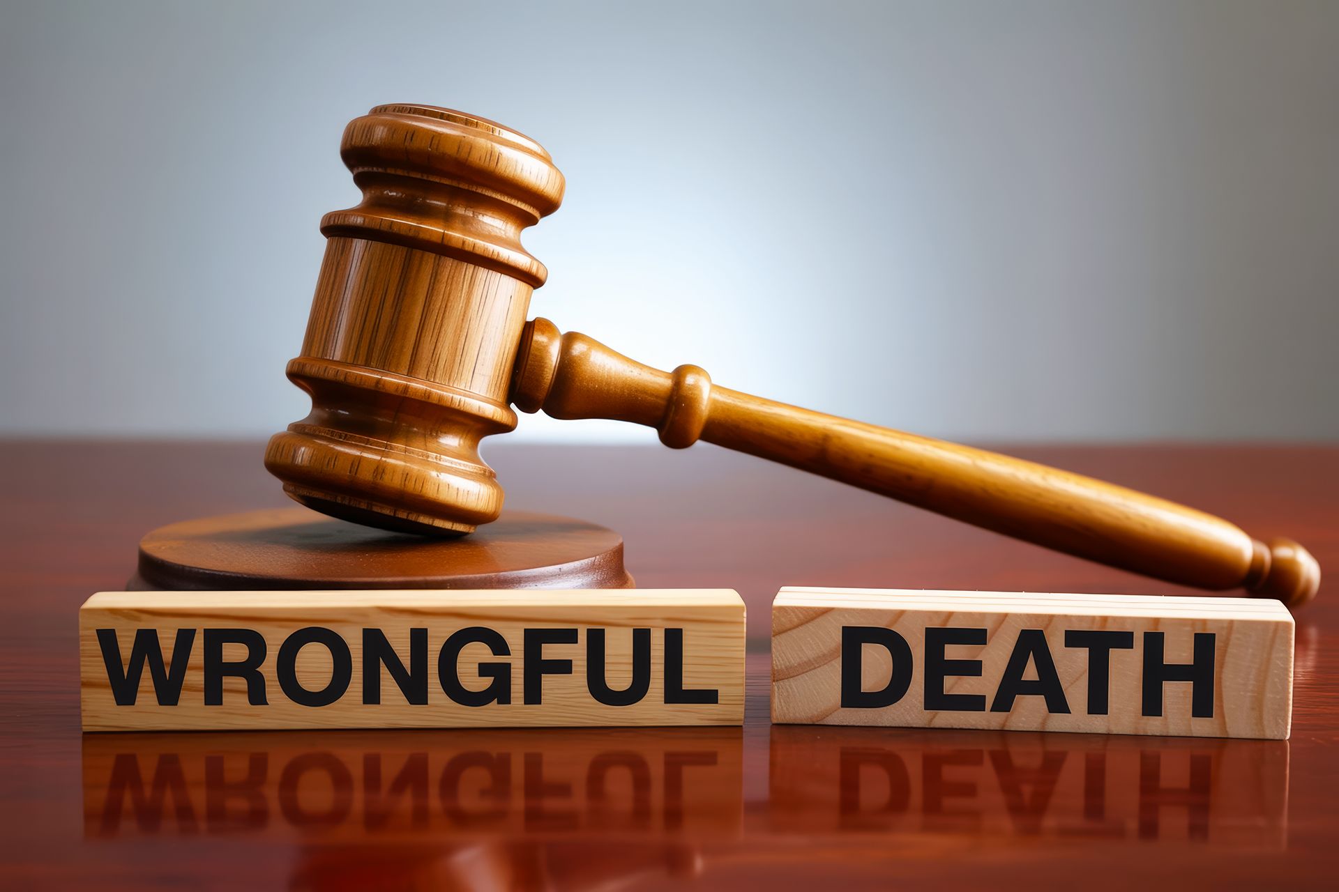 A wooden judge's gavel resting on a block beside two wooden signs reading wrongful death in bold