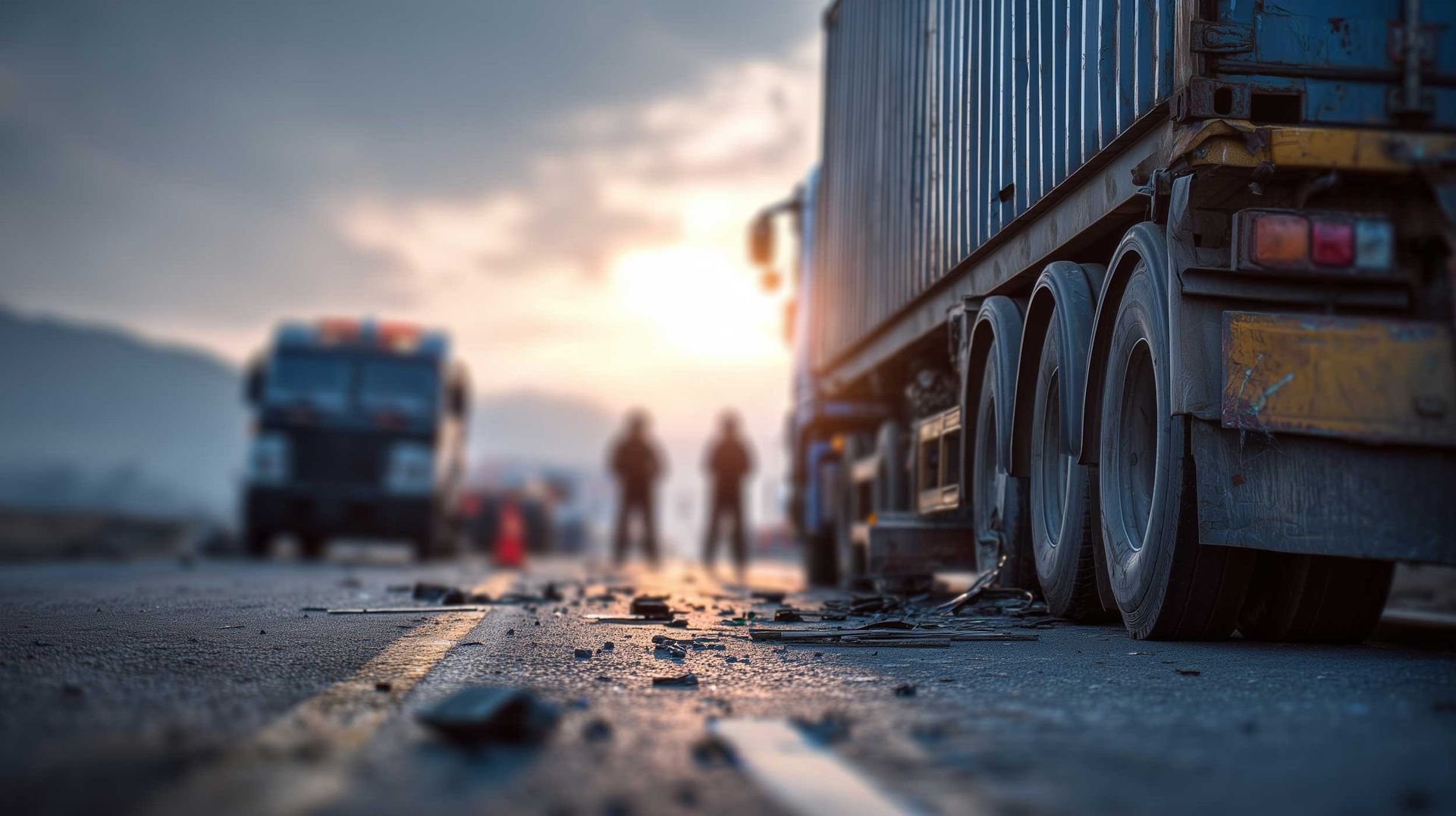 Semi truck at crash scene with debris and emergency responders highlighting truck accident lawyer representation need.