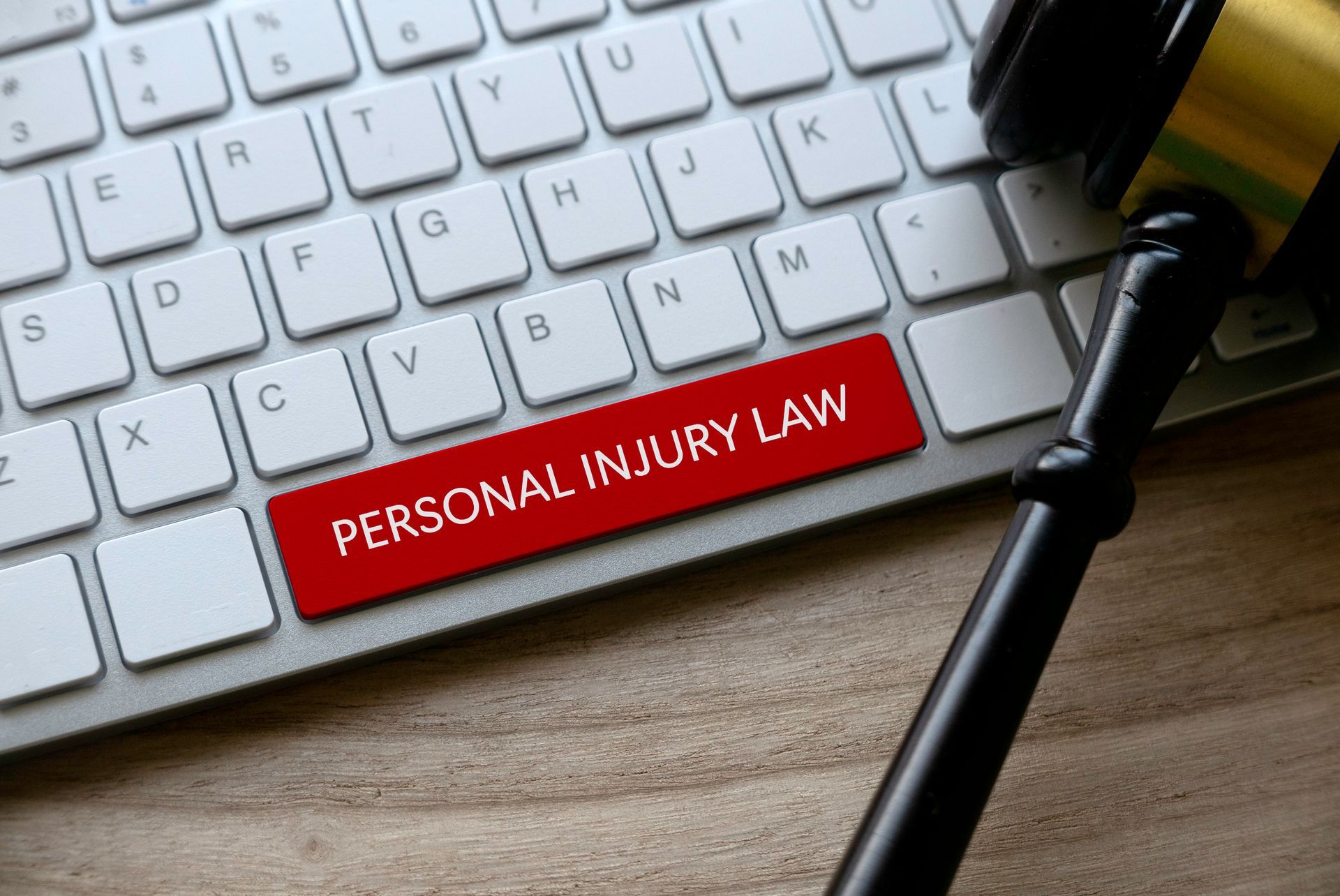 Gavel on a keyboard with the word “Personal Injury Law” in a red key where the space should be.
