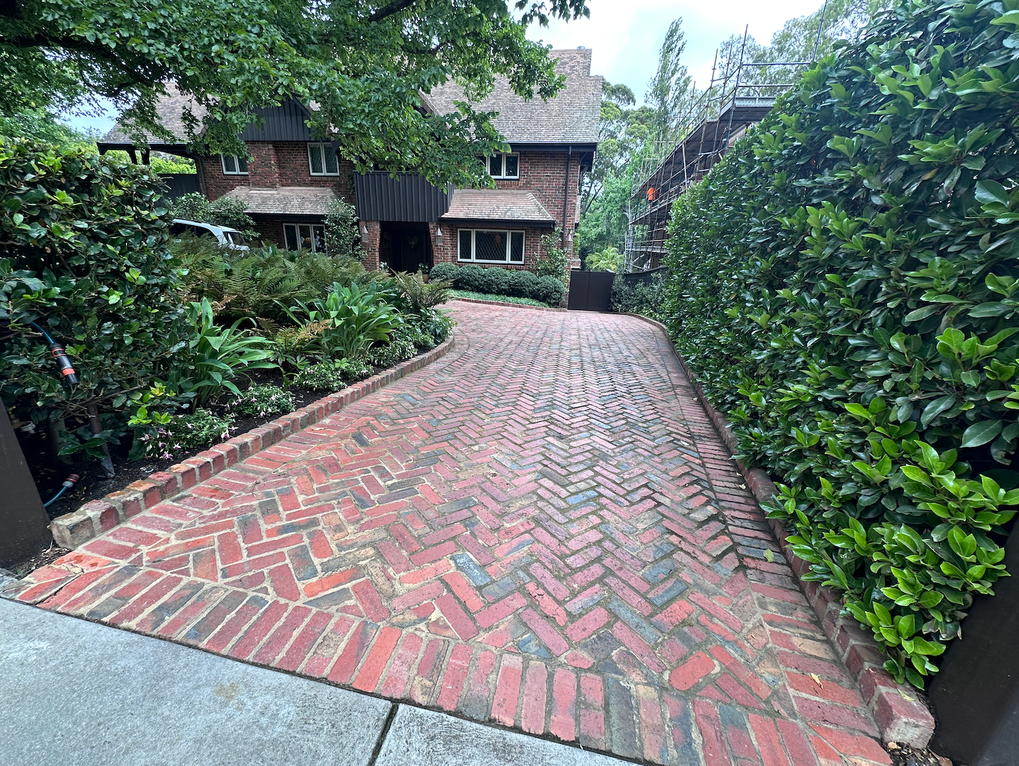 Brick-paved driveway lined with lush green hedges leading to a house