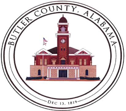 Seal of Butler County, Alabama, featuring a courthouse with a clock tower and American flag.