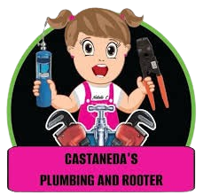 A cartoon character holds a plumbing torch and pliers in front of a faucet. Pink banner reads: CASTANEDA'S PLUMBING AND ROOTER