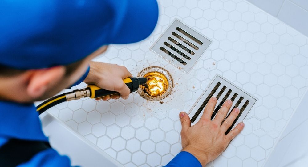 A worker in a blue uniform cleans a shower drain with a nozzle while holding a metal grate on white hexagonal floor tiles.