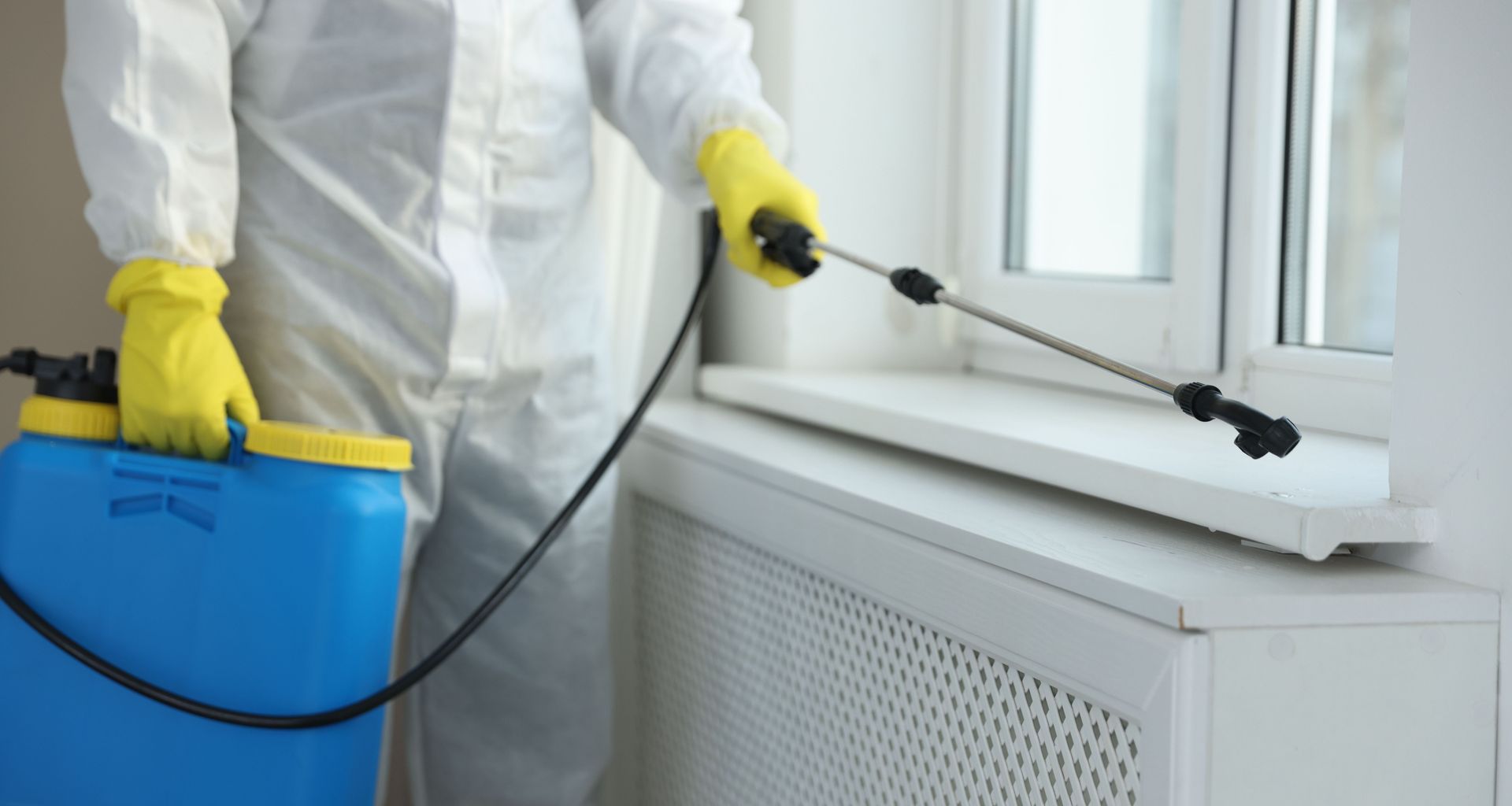 Worker in white protective suit spraying disinfectant near a window with a blue backpack sprayer