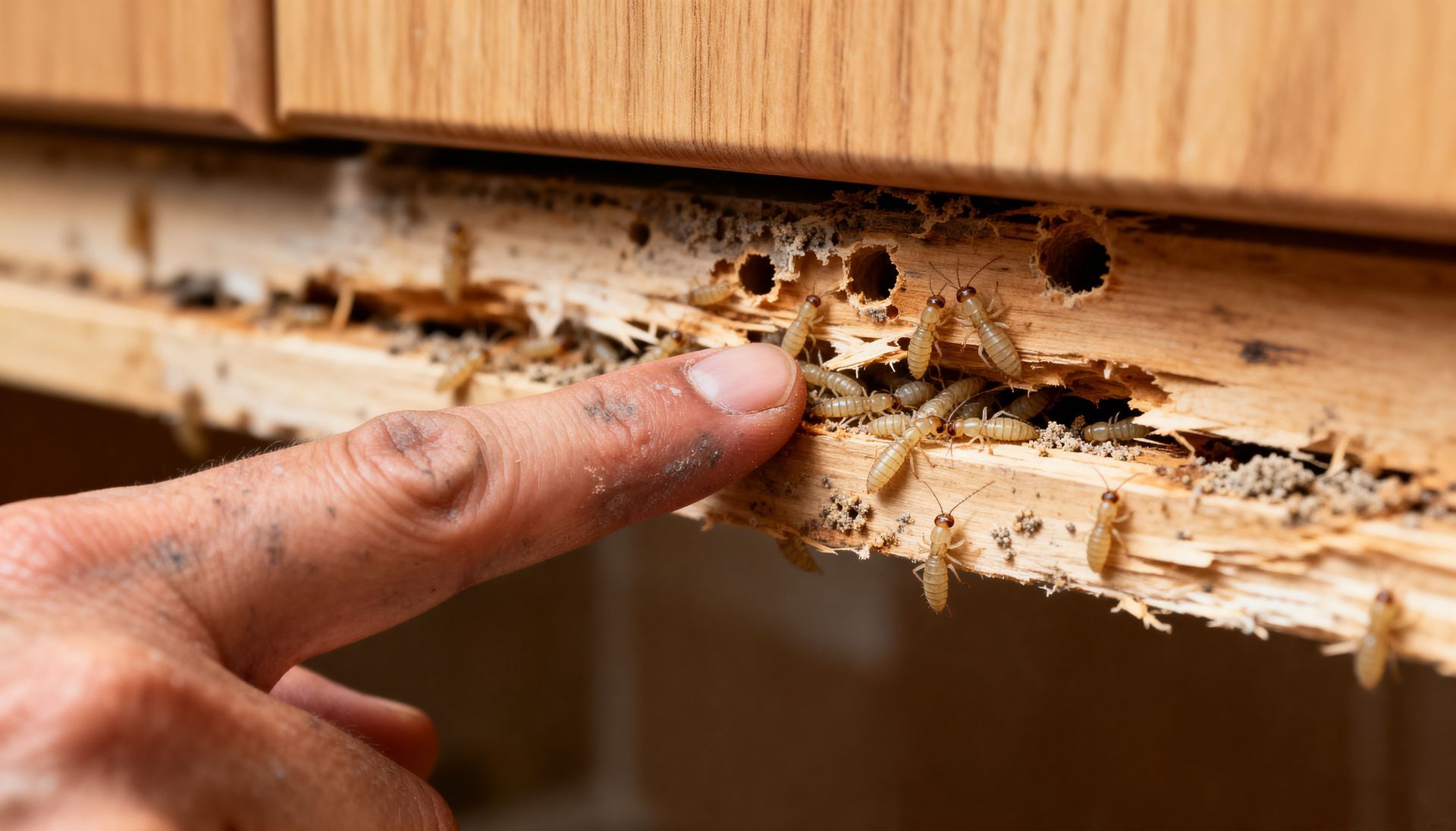A finger points at live termites swarming through frass-filled, tunneled wood beneath a cabinet.