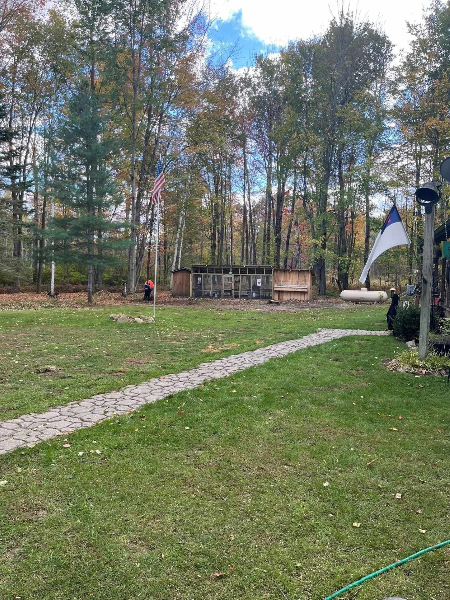Gravel path through a grassy yard toward a wooden fence, with tall trees in the background.