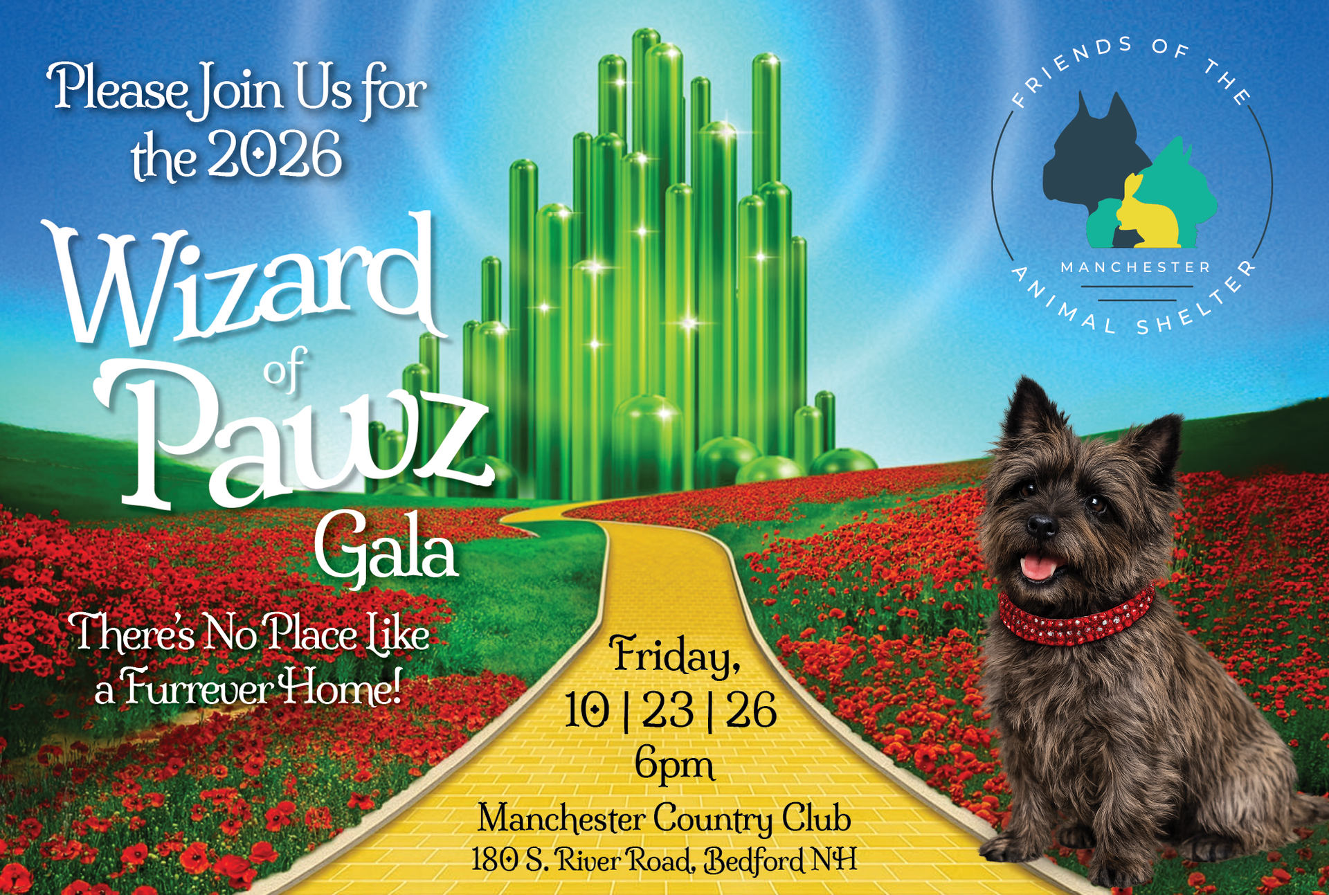 Wizard of Oz gala flyer with emerald city, red poppies, and a terrier; Join us for the 2026 gala, Oct. 23, 6 pm.