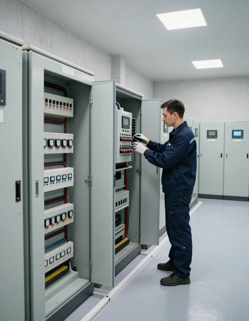 Técnico inspeccionando paneles de control eléctrico en una sala industrial limpia.