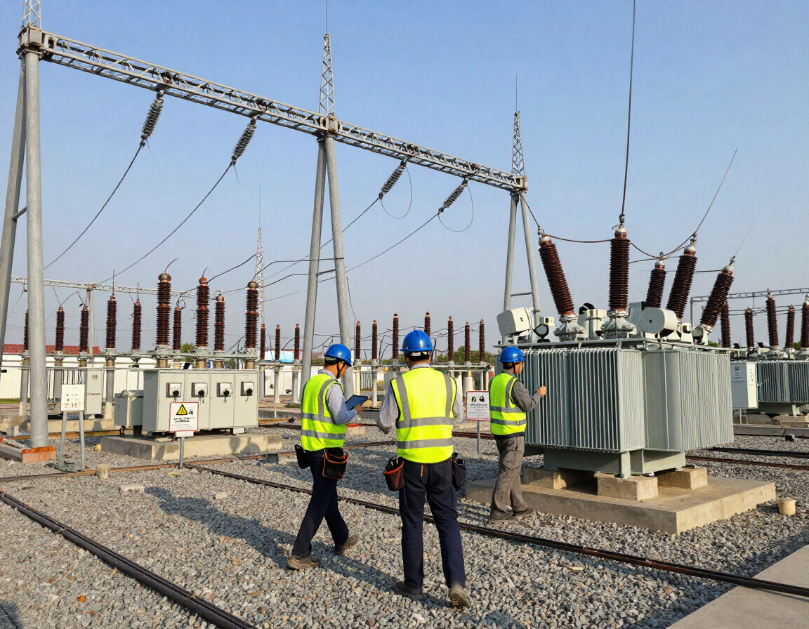 Trabajadores con chalecos de seguridad inspeccionan transformadores eléctricos en una subestación al aire libre.