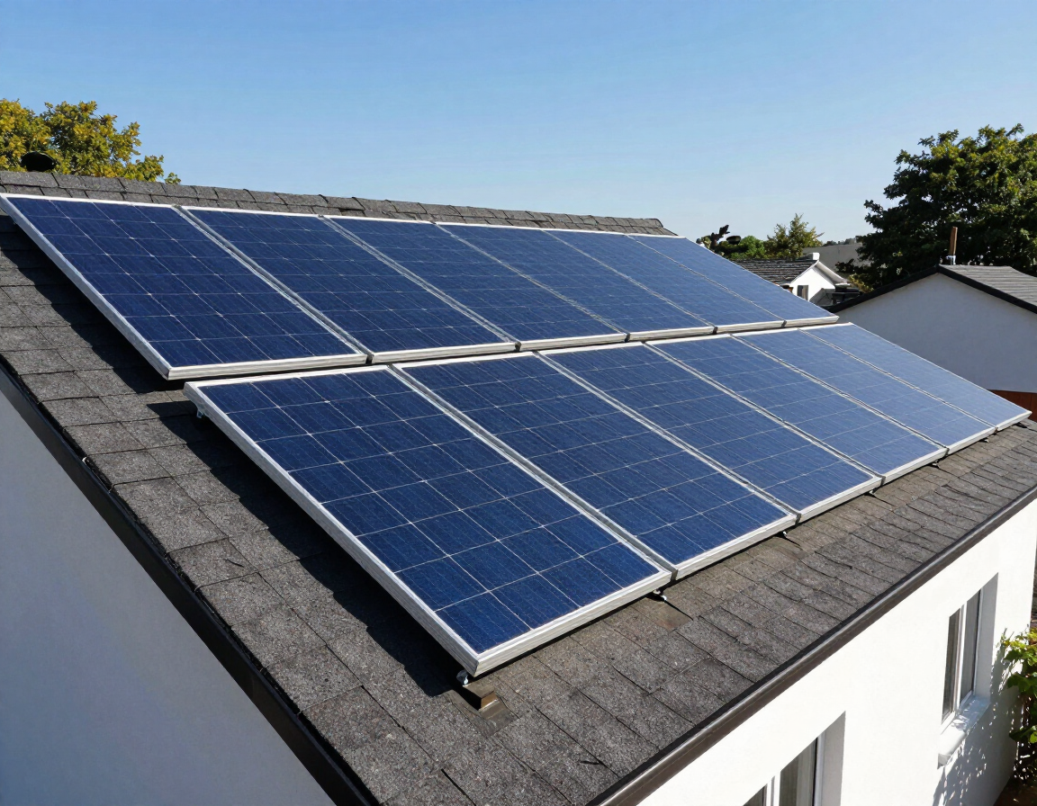 Paneles solares instalados en un tejado inclinado bajo un cielo azul despejado.