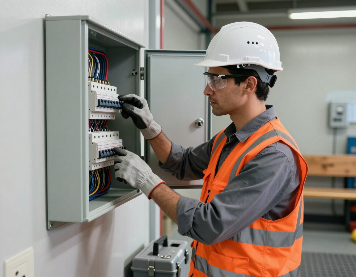 Electricista con chaleco de seguridad y casco inspeccionando un panel