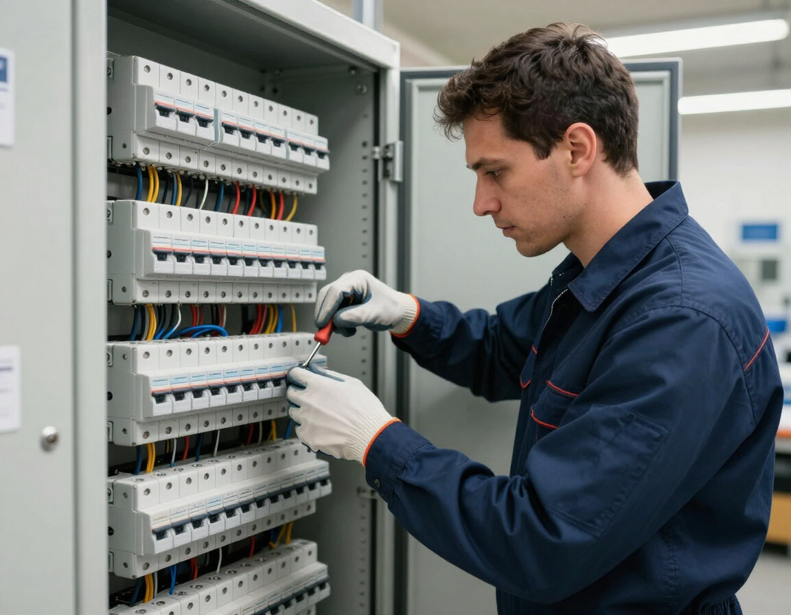 Un técnico con guantes ajusta el cableado en un panel de control eléctrico abierto.
