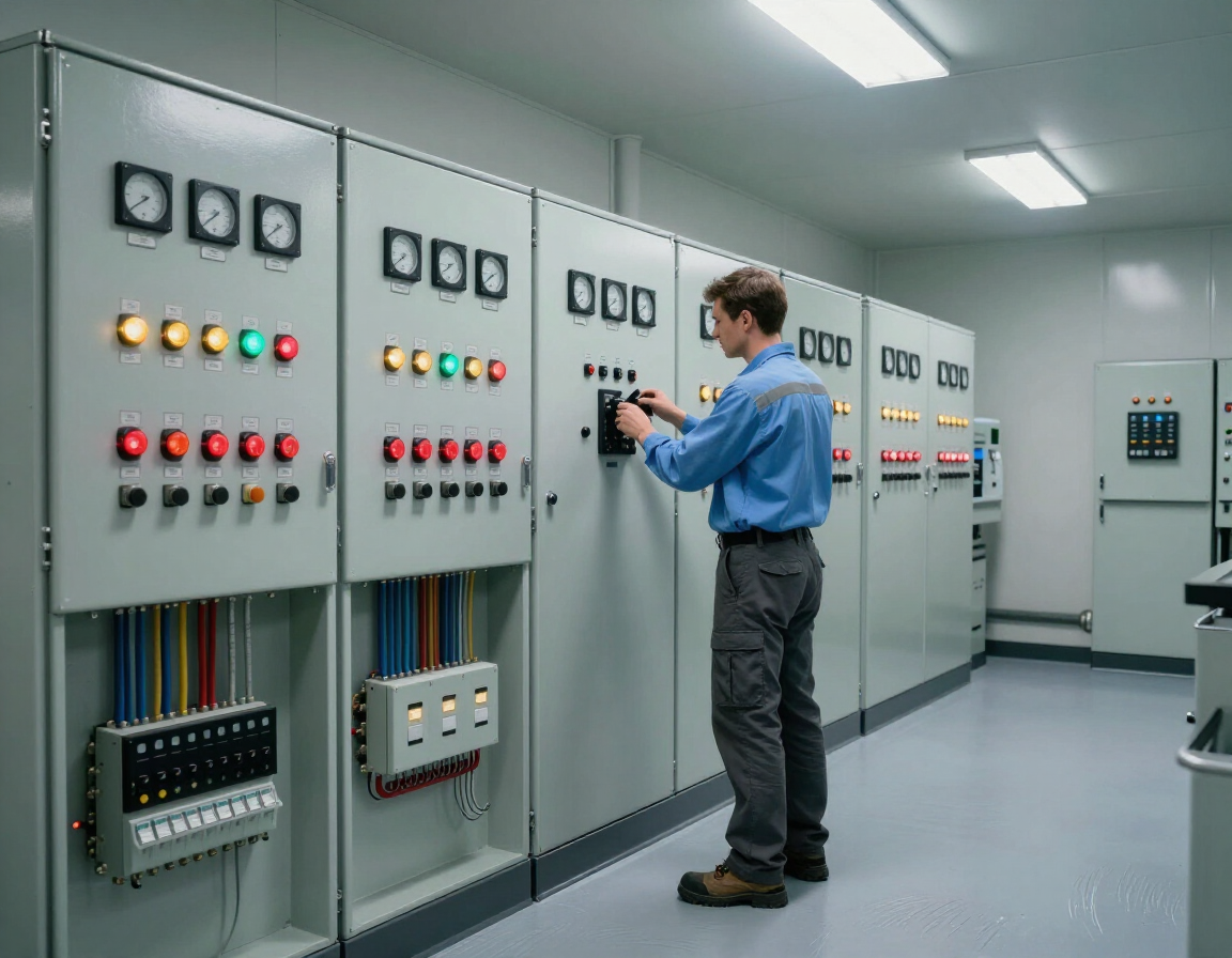 Técnico ajustando controles en paneles eléctricos industriales en una sala de control limpia.