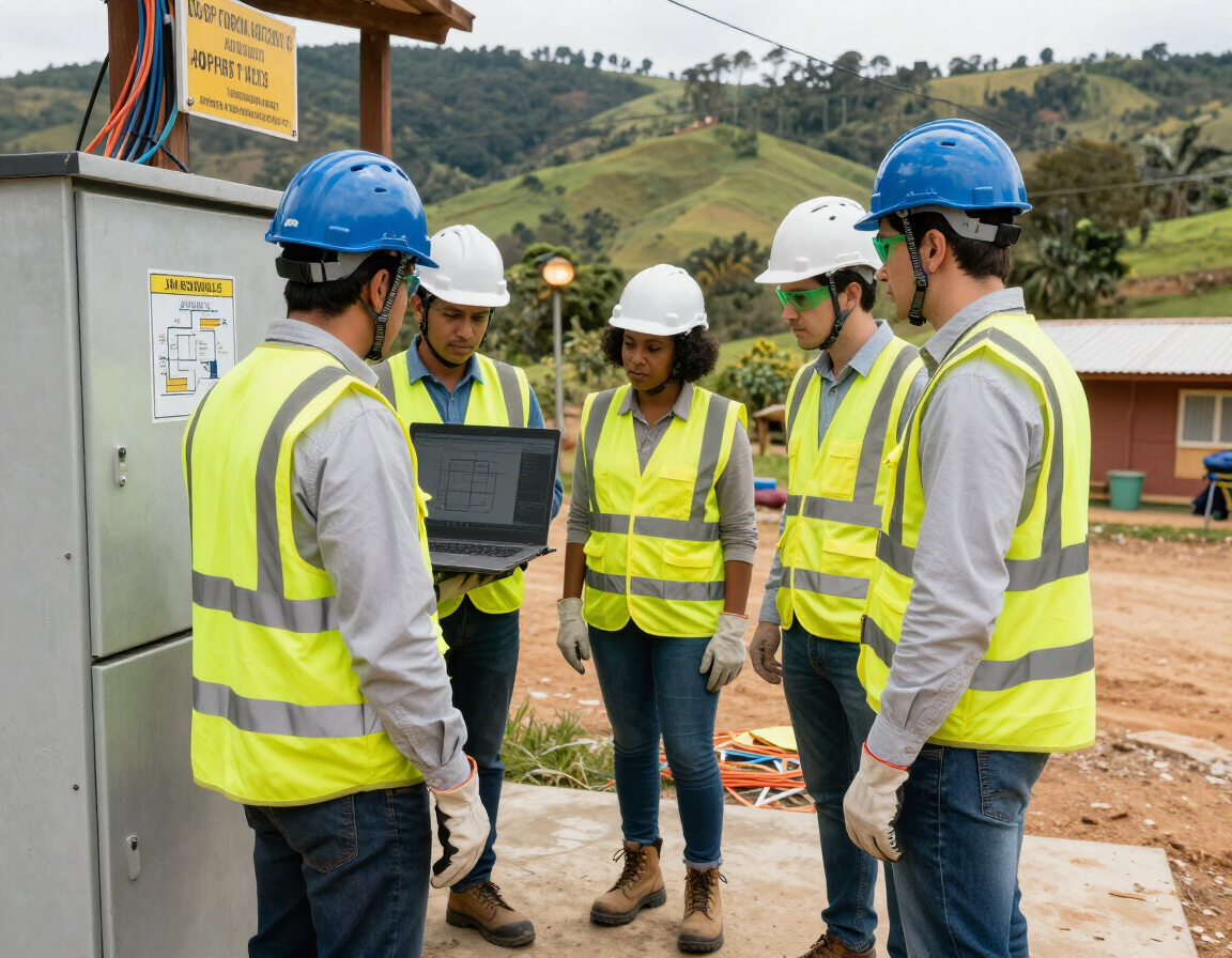Un equipo de construcción, con cascos y chalecos de seguridad, revisa un ordenador portátil en una obra.
