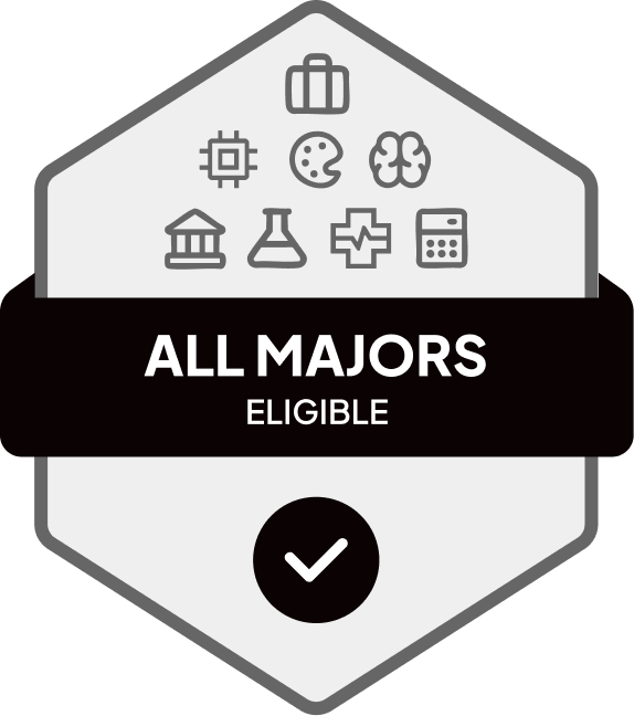 Badge with blue banner: 