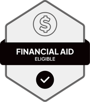 Badge: Financial Aid Eligible, blue banner, building icon, dollar sign.