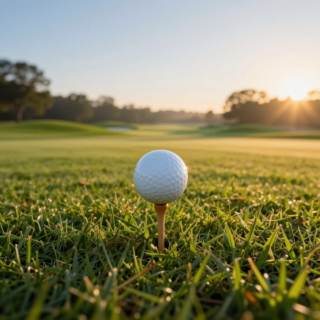 Golf ball on tee at sunrise