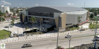 An aerial view of a civic Reidsteel building in a city