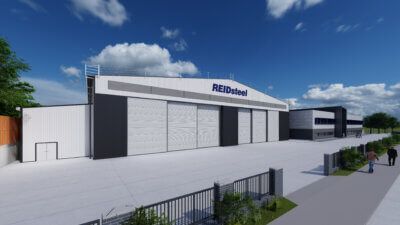 An artist 's impression of a large building with sliding doors.