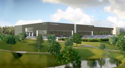 An artist 's impression of a large Reidsteel building next to a body of water surrounded by trees.