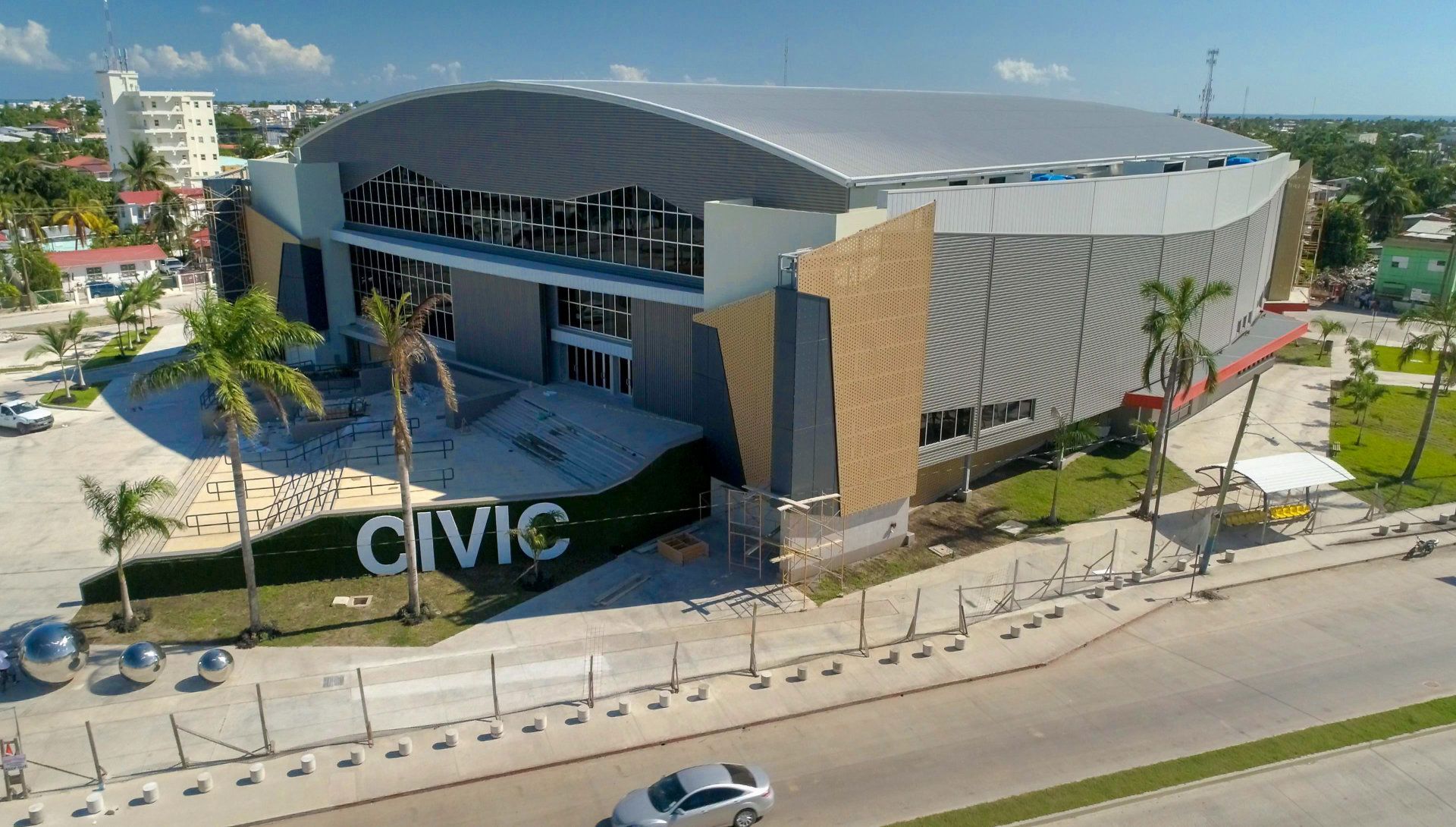 An aerial view of a large building with the word civic on it.