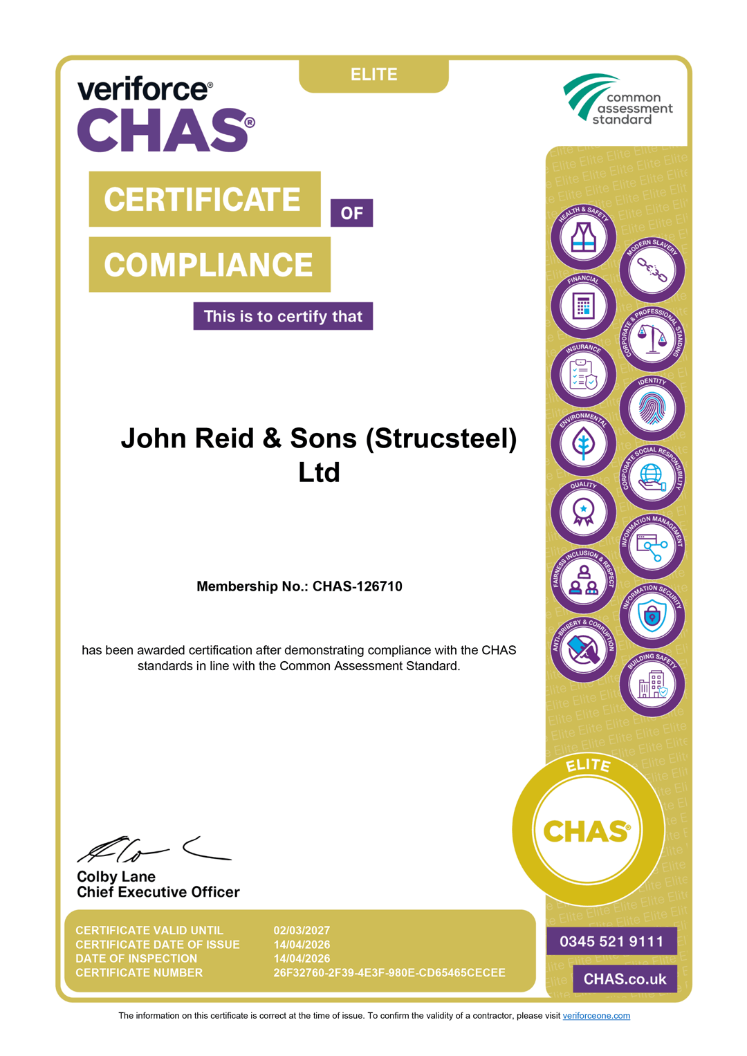 A certificate of compliance for john reid & sons ltd