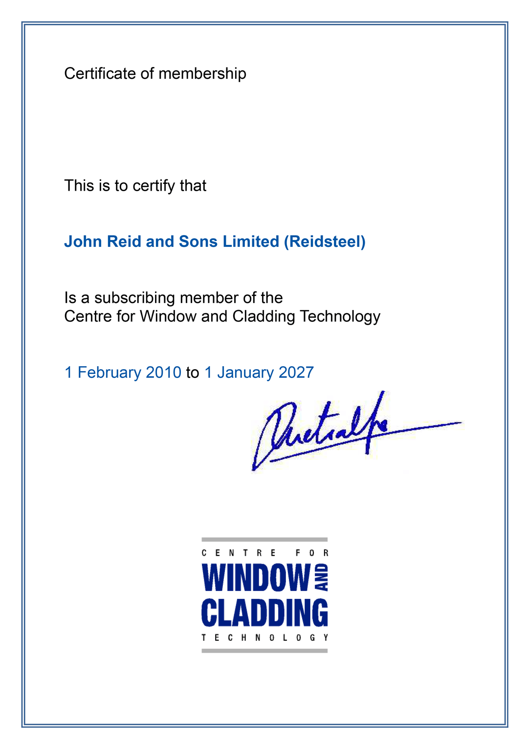 A certificate for window and cladding with a signature on it.