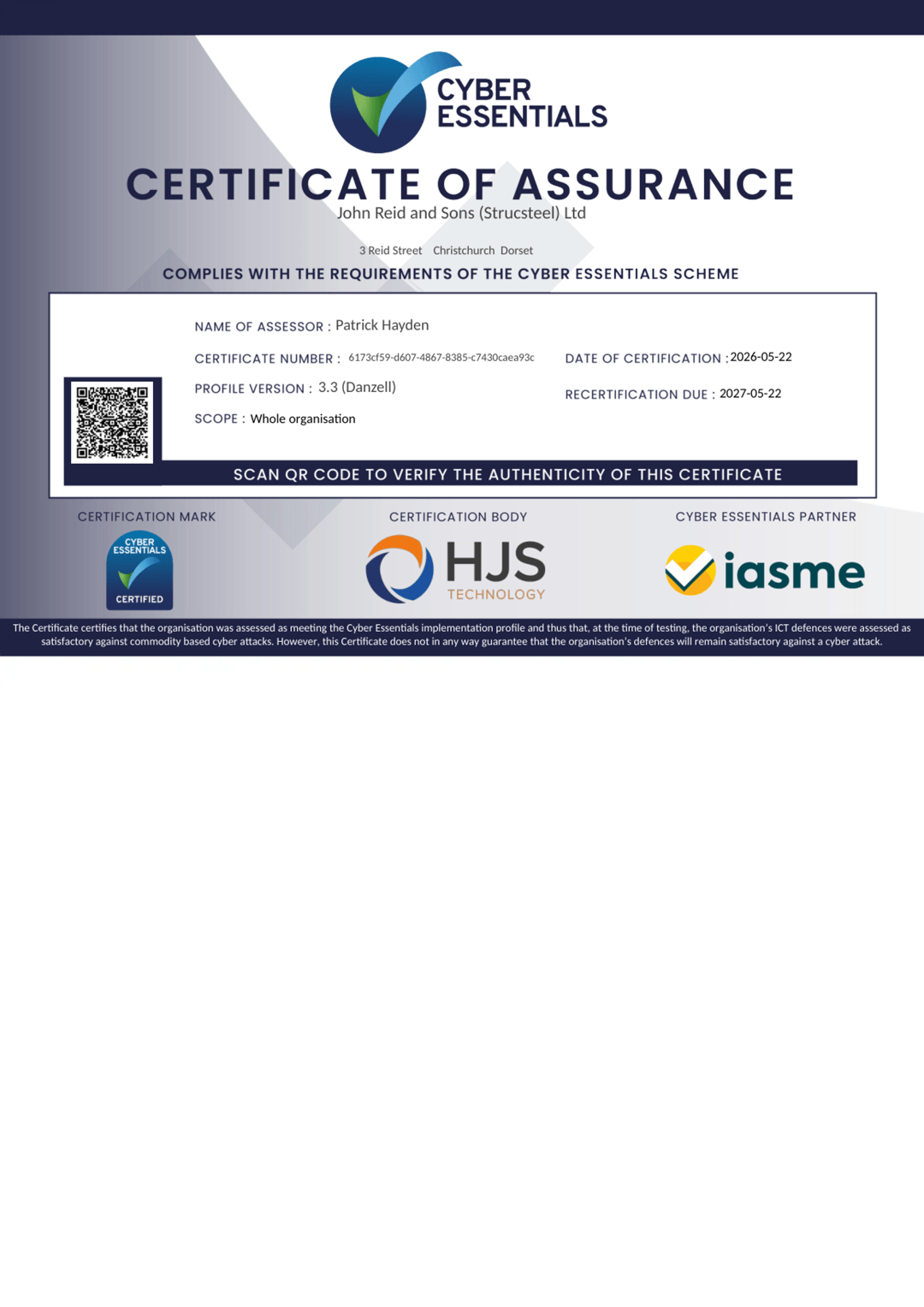 A certificate of assurance is displayed on a white background.